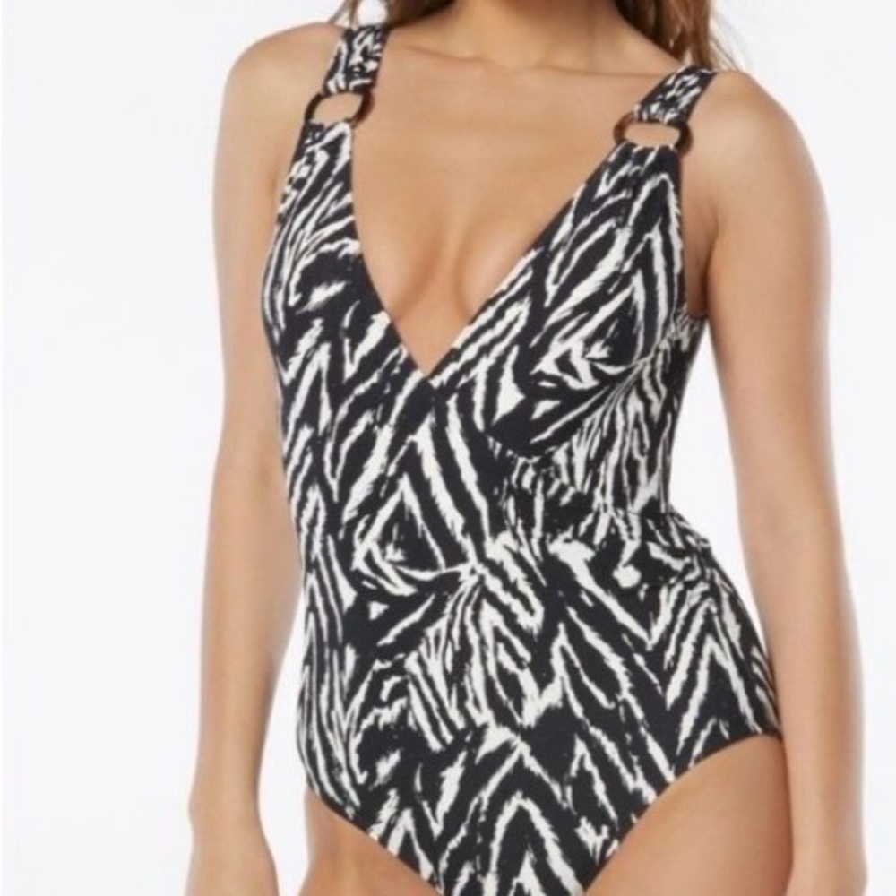 Carmen Marc Valvo V Neck One Piece Swimsuit Resort Zebra NWT